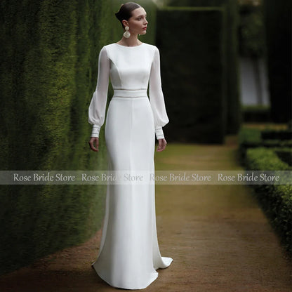 Customized Mermaid Wedding Dress Long Puffy Sleeves O Neck Trumpet Wedding Gowns for Women Backless Buttons Elegant Bridal Dress