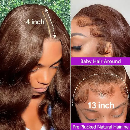 34 Inch  Body Wave Chocolate Brown Lace Front Wigs Human Hair Pre Plucked Brazilian Brown Virgin Hair Glueless HD Frontal Wig