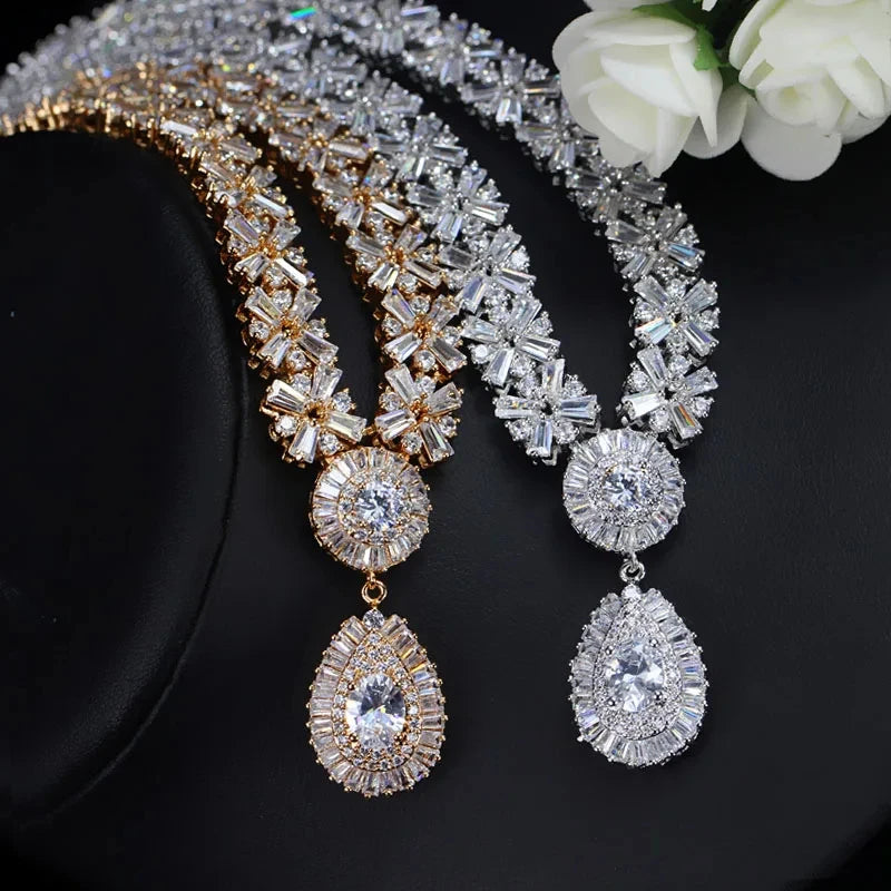 Luxury Wedding Indian Bridal Jewelry Sets Women Snowflakes Cubic Zirconia 4 pcs Necklace Earrings for Women