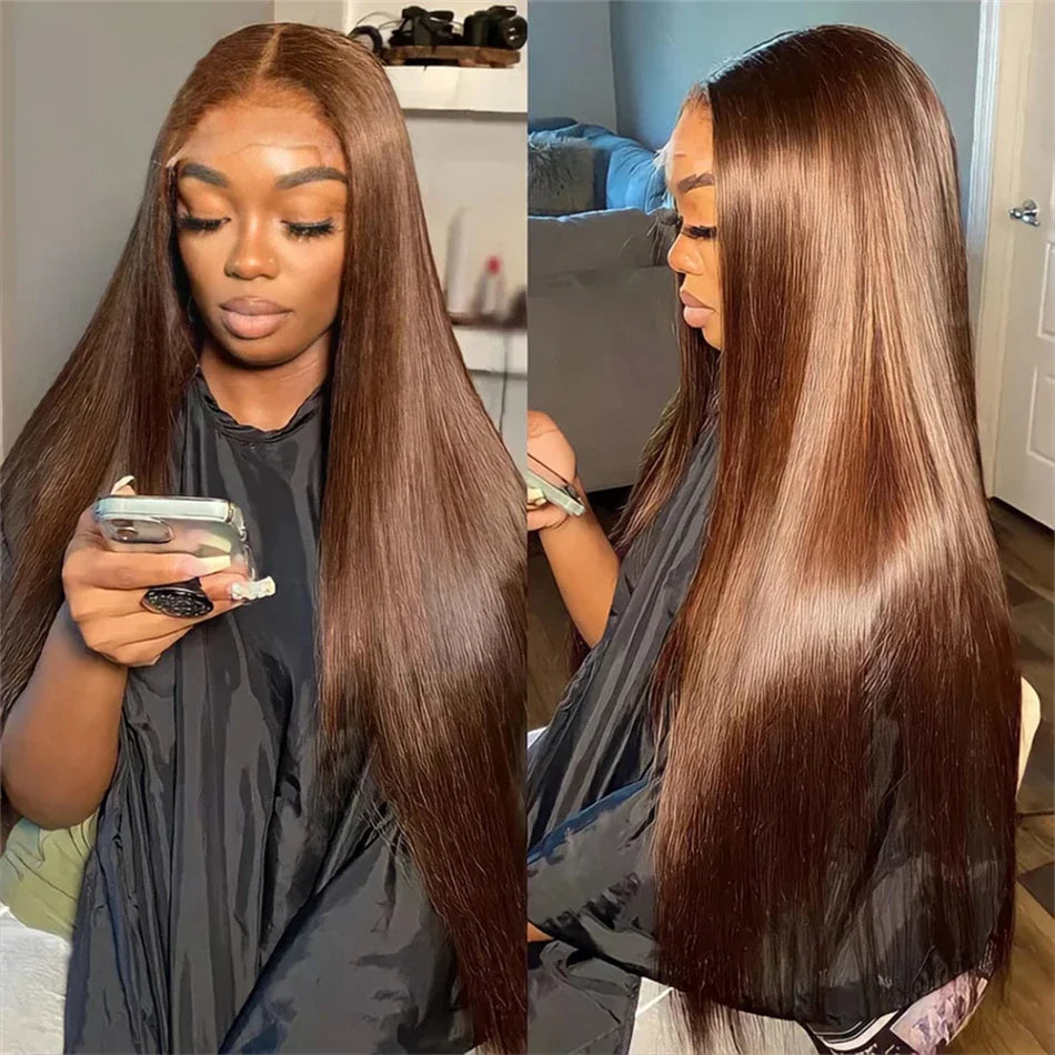 30 36 Inch Chocolate Brown 13x4 Straight Human Hair Lace Front Wig Brazilian Colored 13X6 Transparent Lace Frontal Wig For Women