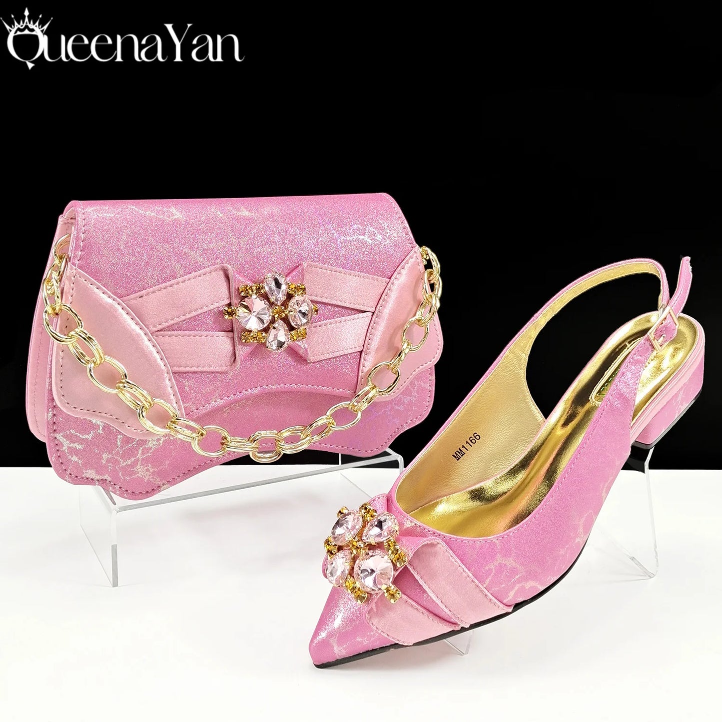 Queena Yan Elegant Pink Rhinestone Low-Heel Shoes & Handbag Set – Luxury Wedding & Party Accessories
