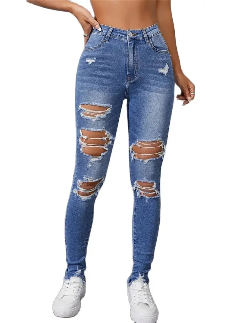 Women's Ripped Skinny Jeans Fashionable High Stretch Slim Fit Butt