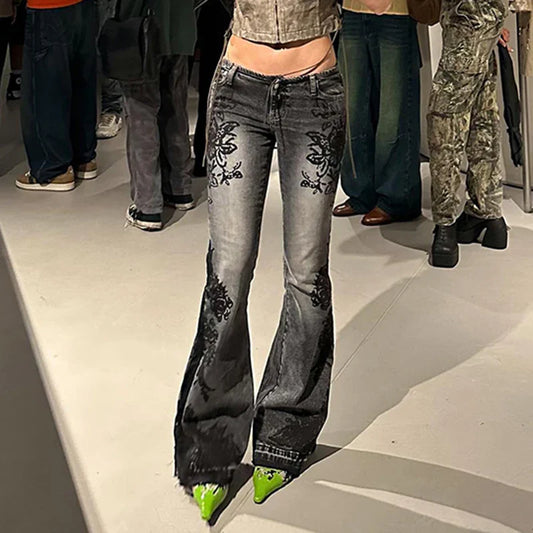 Streetwear Low Rise Flare Jeans for Woman Y2K Aesthetic Print Jean Pants Vintage Washed Denim Trouser Grunge Fairycore