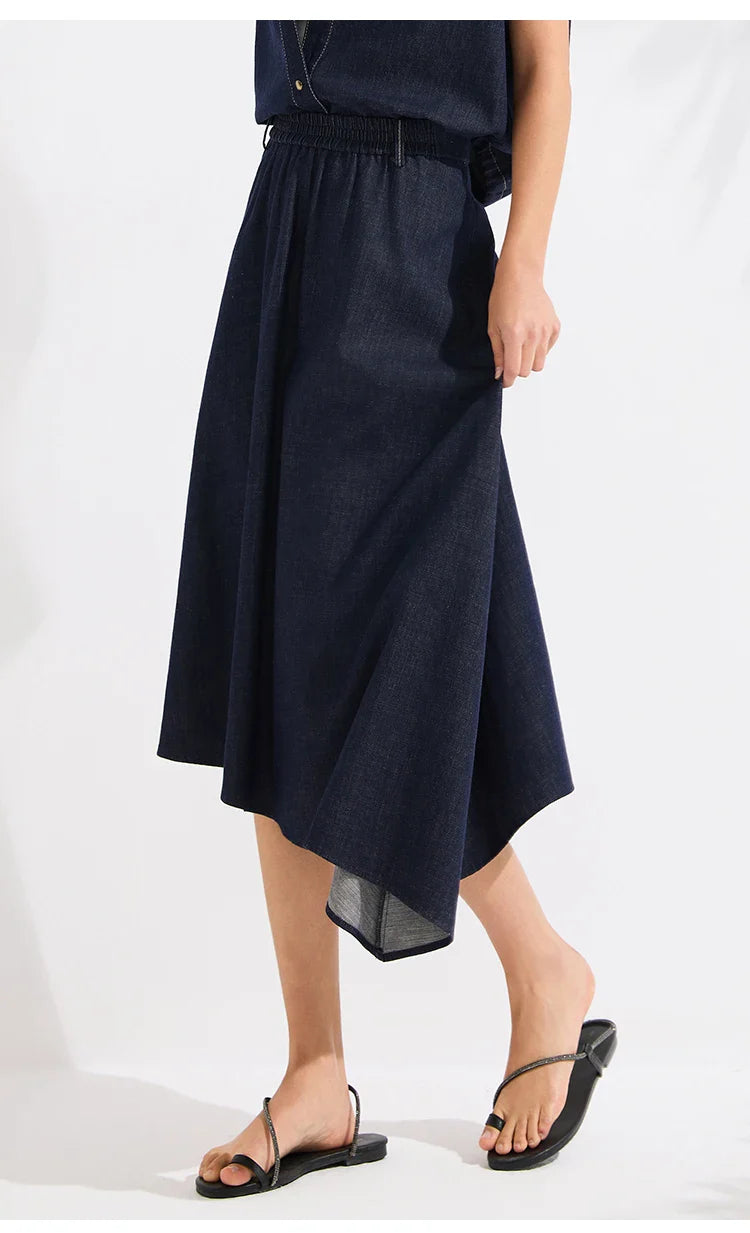 Luxury Women's Denim Skirt Cotton Spandex Linen Irregular Hem A Line Midi Skirt High End Designer Jean Skirt