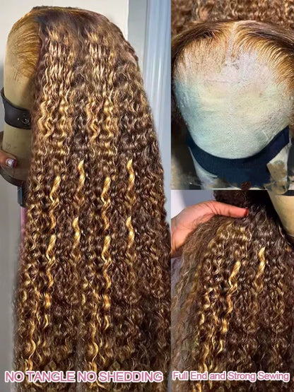 250% Highlight Deep Wave 13x6 Hd Lace Frontal Wig Human Hair Pre Plucked 30 40 Inch Brown Ombre Curly Water Wave human hair wigs