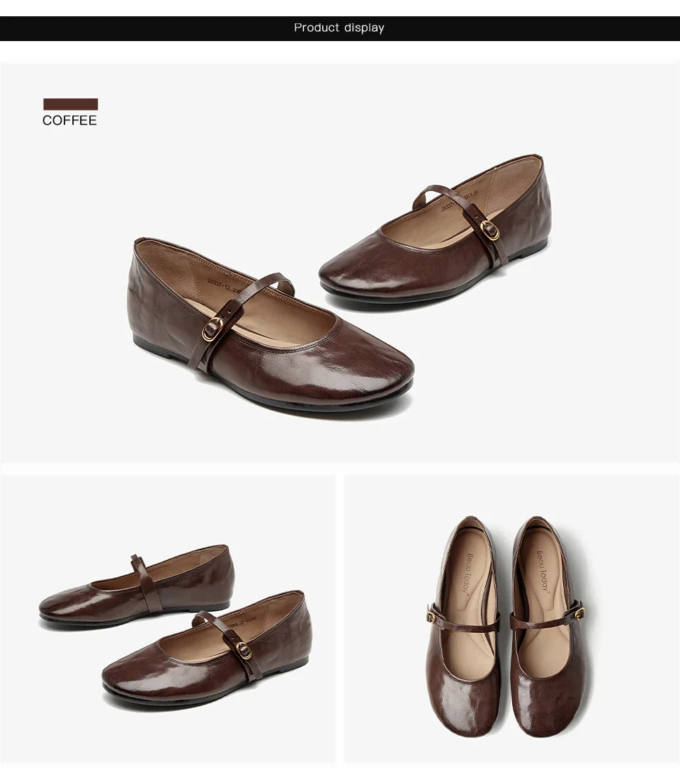 Mary Janes Women Calfskin Leather Round Toe Pleated Pattern Buckle Strap Solid Color Flat Shoes Ladies Handmade 28337