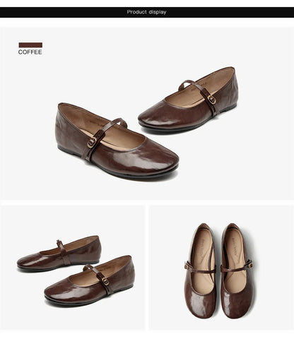Mary Janes Women Calfskin Leather Round Toe Pleated Pattern Buckle Strap Solid Color Flat Shoes Ladies Handmade 28337