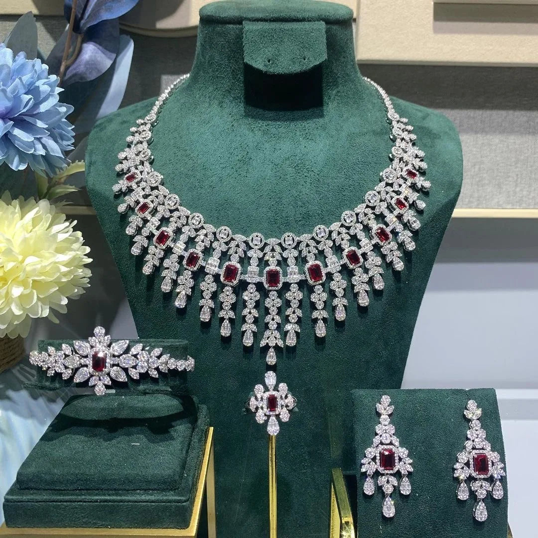 4 pieces of bride zirconia full set of women's party jewelry, luxury Dubai Nigeria CZ luxury crystal wedding necklace set