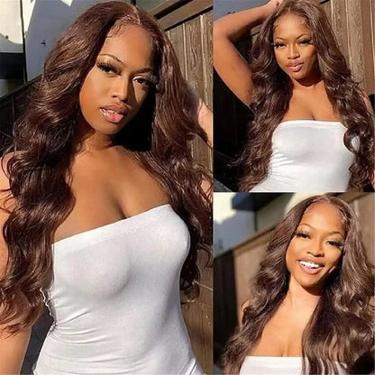 34 Inch  Body Wave Chocolate Brown Lace Front Wigs Human Hair Pre Plucked Brazilian Brown Virgin Hair Glueless HD Frontal Wig