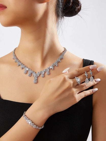 Luxury Cubic Zirconia Necklace Bracelet Earrings And Ring 4pcs Dubai Full Jewelry Set For Women