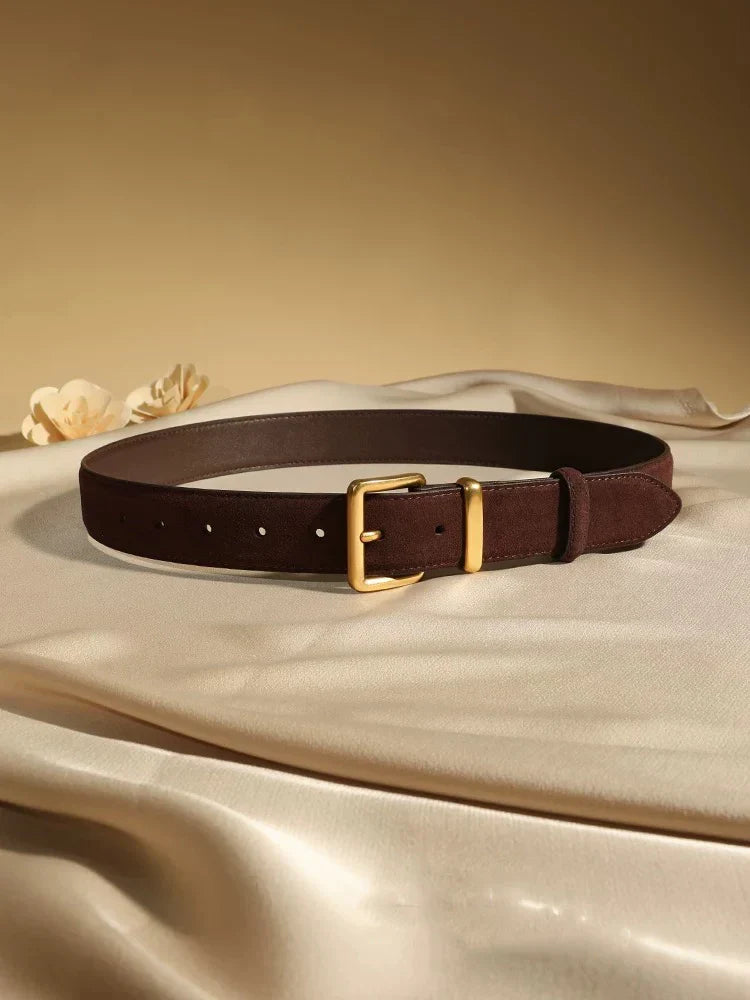 Luxury Suede Cowhide Leather Belt for Women, Vintage Style with Gold Buckle, 3.3cm Wide Waistband for Dresses & Jeans