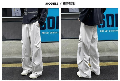 Fashion ice silk quick drying pants for men's summer thin pleated paratrooper work pants for teenagers loose casual spor pants