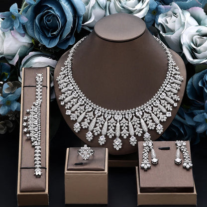 4pcs Bridal Zirconia Full Jewelry Sets For Women Party, Luxury Dubai Nigeria CZ Crystal Wedding Jewelry Sets