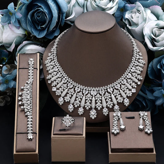 4pcs Bridal Zirconia Full Jewelry Sets For Women Party, Luxury Dubai Nigeria CZ Crystal Wedding Jewelry Sets