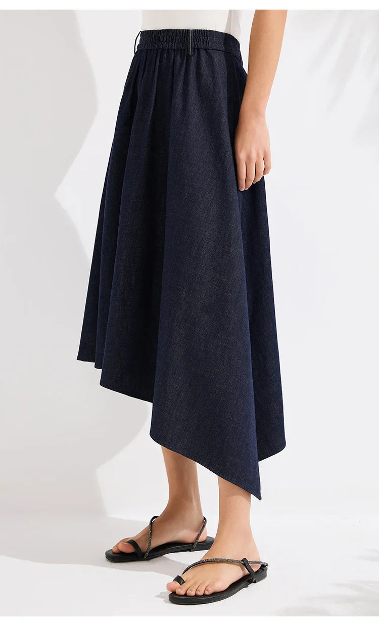 Luxury Women's Denim Skirt Cotton Spandex Linen Irregular Hem A Line Midi Skirt High End Designer Jean Skirt