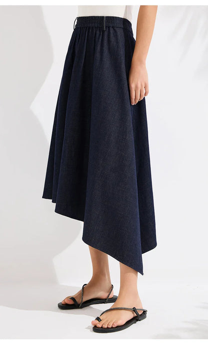 Luxury Women's Denim Skirt Cotton Spandex Linen Irregular Hem A Line Midi Skirt High End Designer Jean Skirt