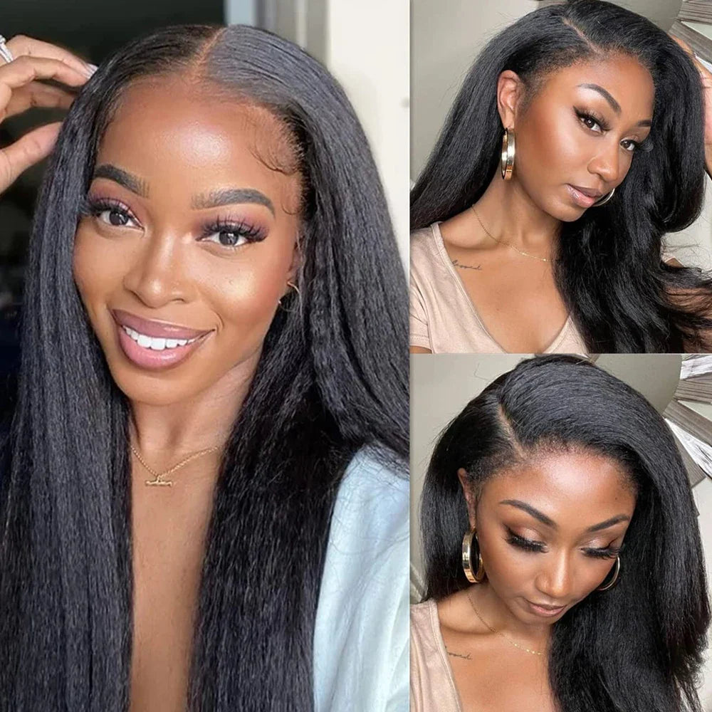 13x4 Kinky Straight Lace Front Human Hair Wig With Kinky Edges Baby Hair Glueless Yaki Straight HD Lace Frontal Wig 250% Denisty