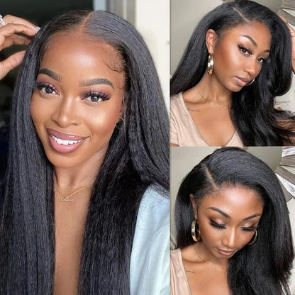 13x4 Kinky Straight Lace Front Human Hair Wig With Kinky Edges Baby Hair Glueless Yaki Straight HD Lace Frontal Wig 250% Denisty