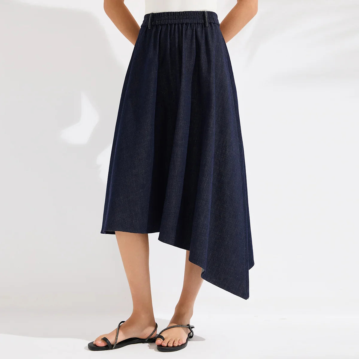 Luxury Women's Denim Skirt Cotton Spandex Linen Irregular Hem A Line Midi Skirt High End Designer Jean Skirt