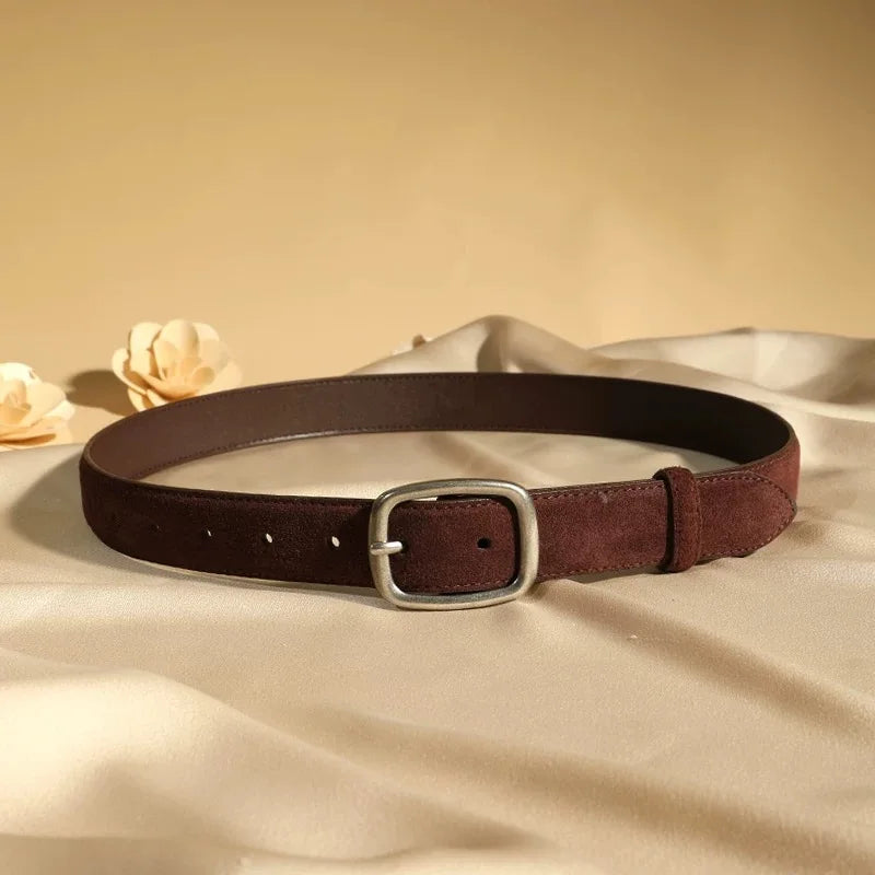 Fashion Suede Cowhide Women‘s Belts Genuine Leather 2.8cm Wide Belt Metal Buckle Women Belt Matched Dress Jeans Skinny Girdle