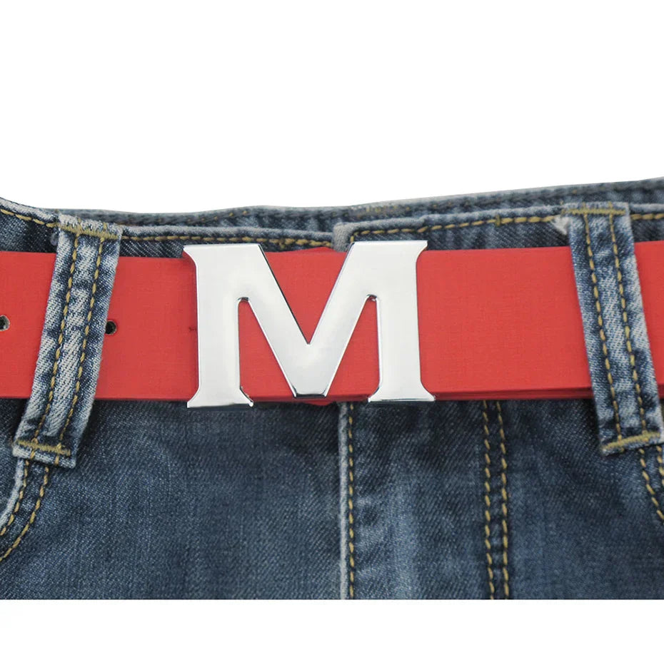 Women’s Leather Belts Removable Letter M Plate Buckle  High Quality PU Leather Belt  For Jeans Dress Halloween