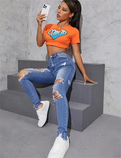 Women's Ripped Skinny Jeans Fashionable High Stretch Slim Fit Butt
