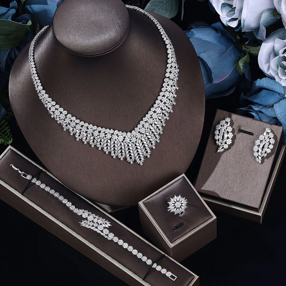 Classic rectangular cubic zirconia wedding necklace and earring set Dubai Nigeria CZ Bridal Jewelry Set