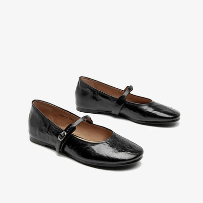 Mary Janes Women Calfskin Leather Round Toe Pleated Pattern Buckle Strap Solid Color Flat Shoes Ladies Handmade 28337