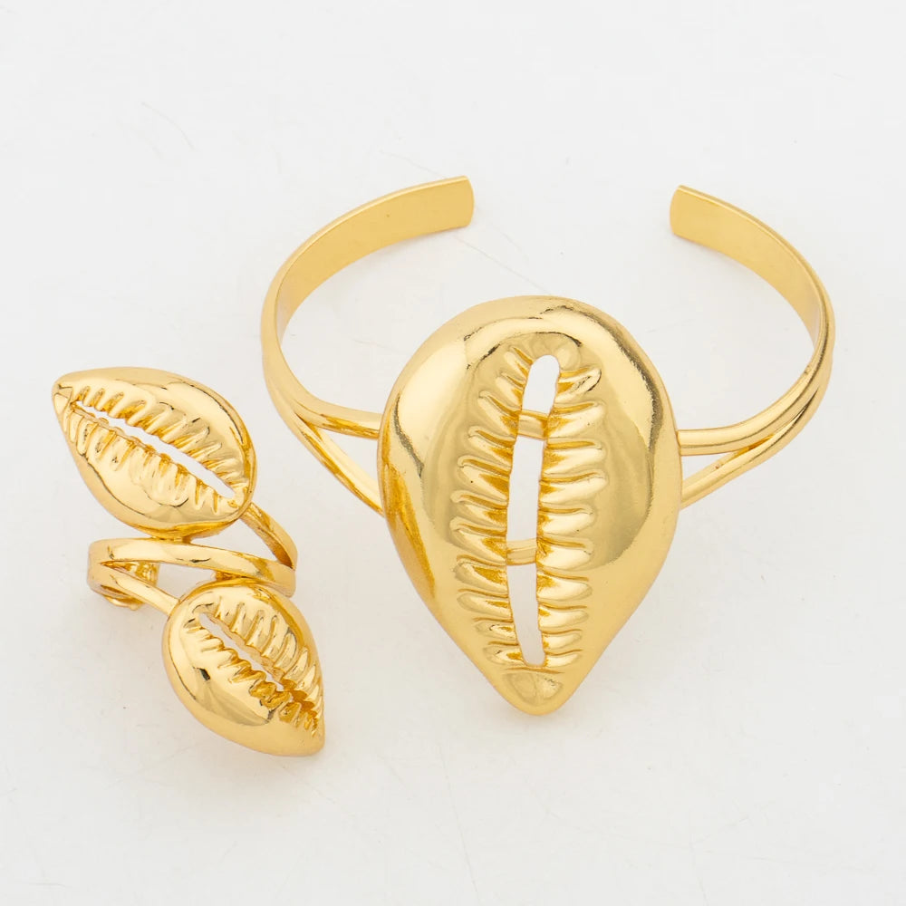 Jewelry Set Copper Women African Shell Shape Design Earrings Pendant Bracelet Ring Dubai Arab Turkis Jewelry