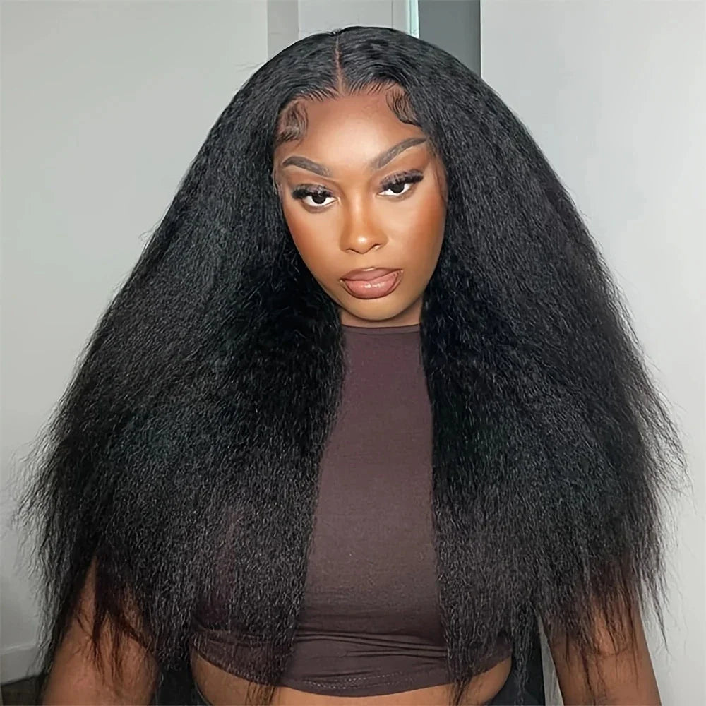 13x4 Kinky Straight Lace Front Human Hair Wig With Kinky Edges Baby Hair Glueless Yaki Straight HD Lace Frontal Wig 250% Denisty