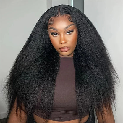 13x4 Kinky Straight Lace Front Human Hair Wig With Kinky Edges Baby Hair Glueless Yaki Straight HD Lace Frontal Wig 250% Denisty