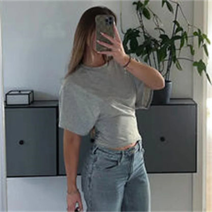 Women's Summer Loose Half Sleeve T-Shirt Tops O-Neck Waist Slimming Sweet Hottie Design Sense Positive Shoulder Chic Tees Top