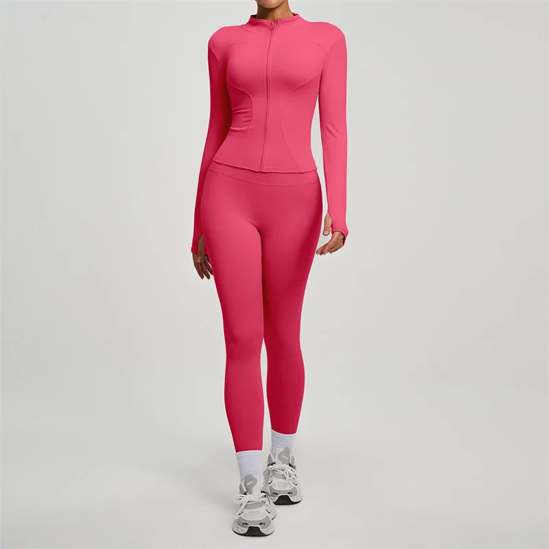 Yoga Coat Sports Top Long Sleeve Jacket Fitness Breathable Women's Tracksuit High Waist Leggings Two Piece Set Gym Clothes