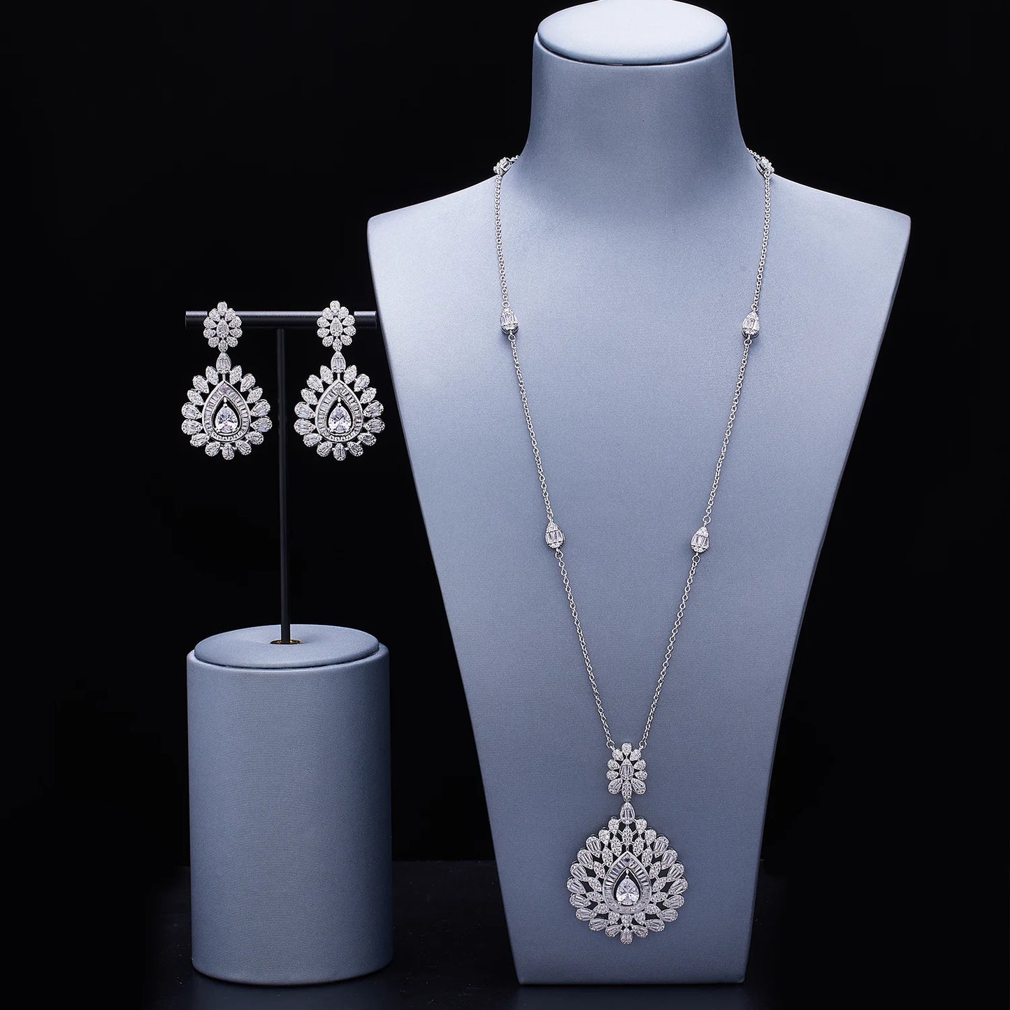Elegant Women Wedding Jewellery African CZ Crystal Leaf Drop Bridal Necklace Bracelet and Earrings Jewelry Sets