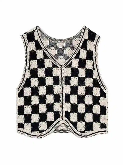 Floral Crochet Vest for Women Openwork Button Front Sleeveless Jacket Waistcoat Bohemian Summer Beach Vacation Outfit