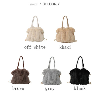 Women's Fashionable Plush Large Capacity Tote Bag High-end Pleated Fox Fur Shoulder Crossbody Bag Commuter Bag with Metal Chain