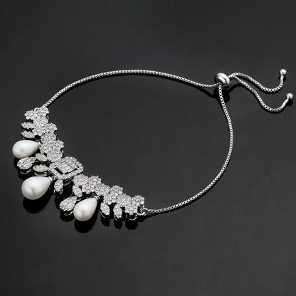 Elegante Conjunto de Joias de Noiva Pérolas Zircônias CZ Para Mulheres 4 Peças Corrente Ajustável 2024 Joia de Festa de Casamento da Noiva
