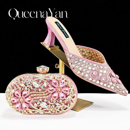 Luxury Pink Rhinestone Party Shoes and Clutch for Women- Elegant Crystal Heels with Matching Evening Bag