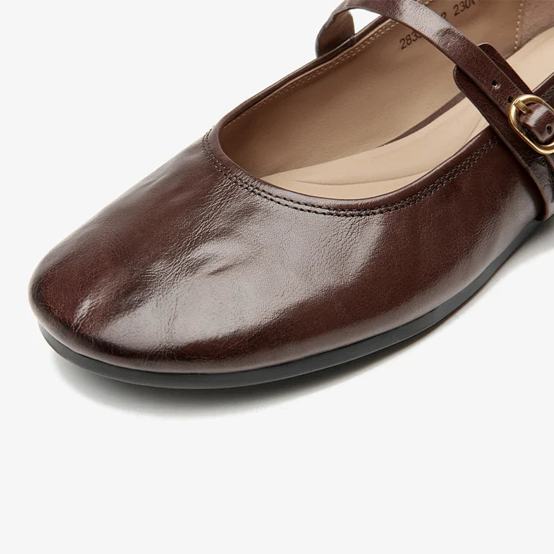 Mary Janes Women Calfskin Leather Round Toe Pleated Pattern Buckle Strap Solid Color Flat Shoes Ladies Handmade 28337