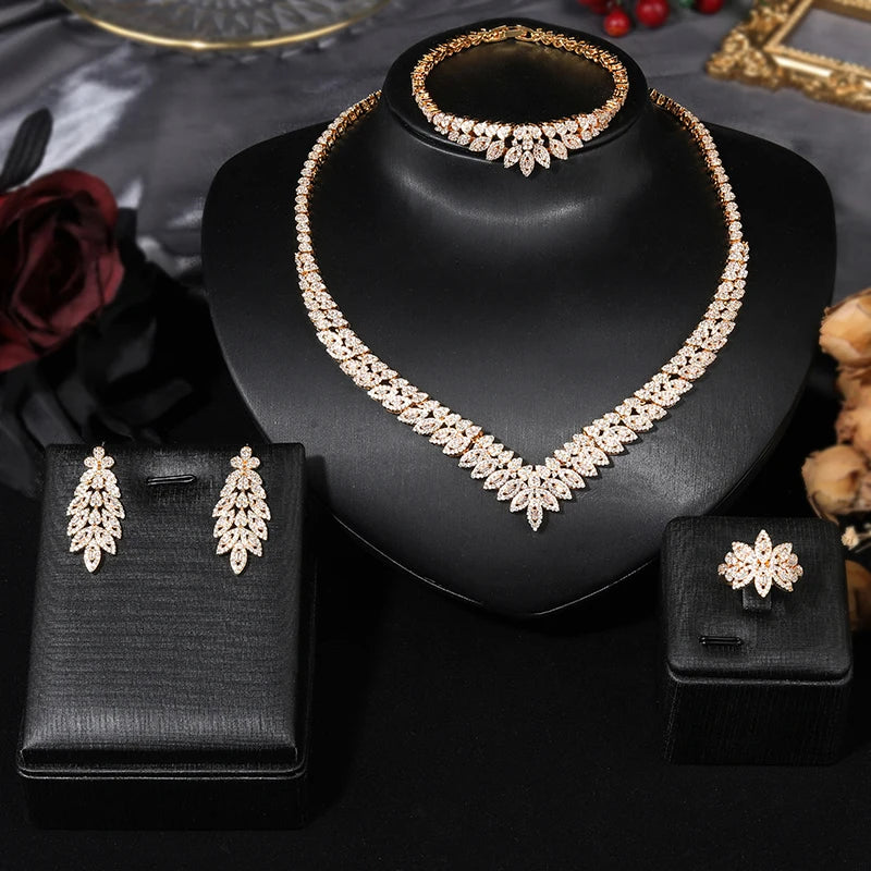 4pcs Bridal Zirconia Full Jewelry Sets For Women Party, Luxury Dubai Nigeria CZ Crystal Wedding necklace sets