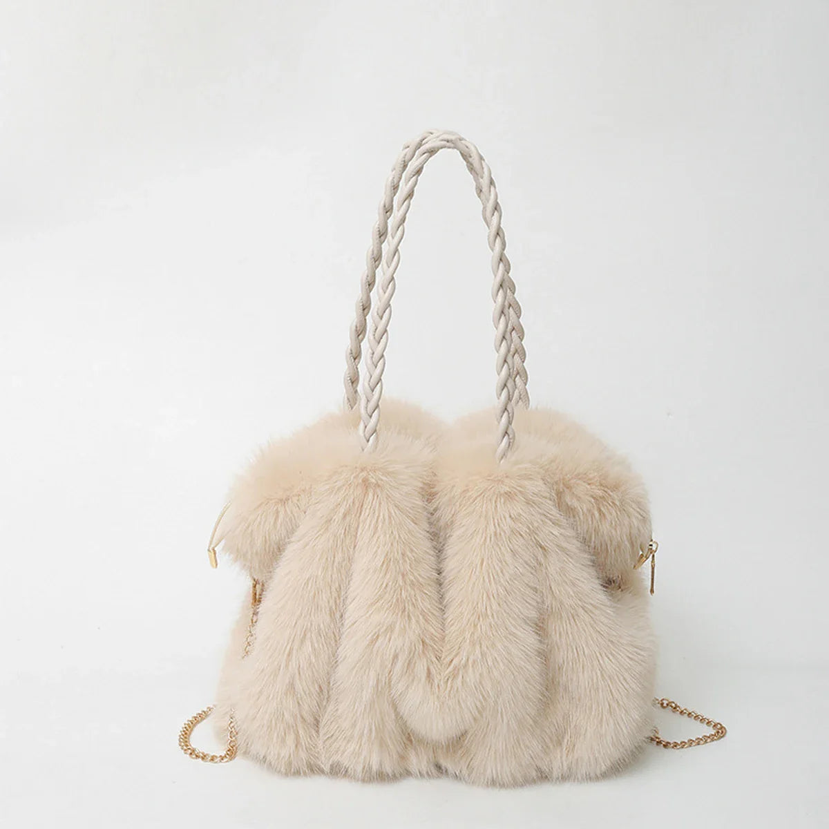 Women's Fashionable Plush Large Capacity Tote Bag High-end Pleated Fox Fur Shoulder Crossbody Bag Commuter Bag with Metal Chain