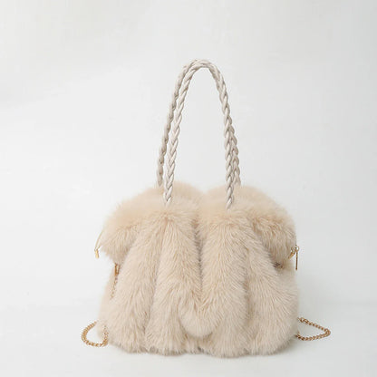 Women's Fashionable Plush Large Capacity Tote Bag High-end Pleated Fox Fur Shoulder Crossbody Bag Commuter Bag with Metal Chain