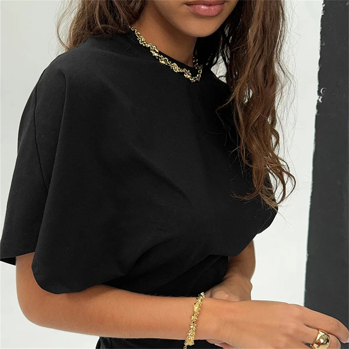 Women's Summer Loose Half Sleeve T-Shirt Tops O-Neck Waist Slimming Sweet Hottie Design Sense Positive Shoulder Chic Tees Top