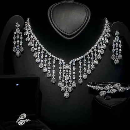 Luxury  4 Pieces Bridal Wedding Jewelry for Women Cubic Zirconia Water Drop Earrings Tassel Necklace Jewelry Sets Party Gift