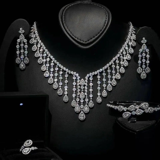 Luxury  4 Pieces Bridal Wedding Jewelry for Women Cubic Zirconia Water Drop Earrings Tassel Necklace Jewelry Sets Party Gift