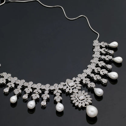 Elegante Conjunto de Joias de Noiva Pérolas Zircônias CZ Para Mulheres 4 Peças Corrente Ajustável 2024 Joia de Festa de Casamento da Noiva