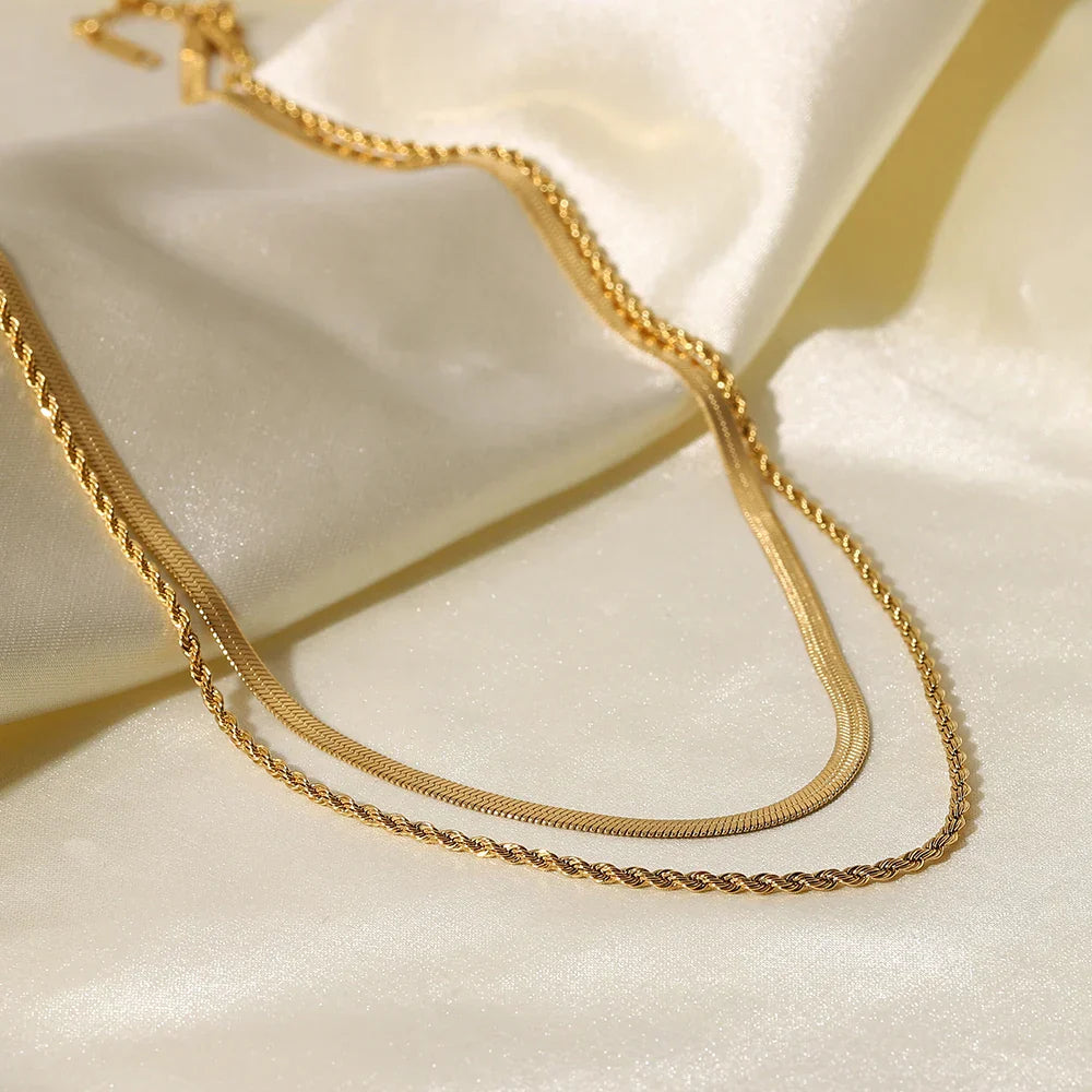 Simple Jewelry 18K Gold Plated Flat Snake Chain Layer Necklace Stainless Steel Snake Rope Chain Necklace Gift