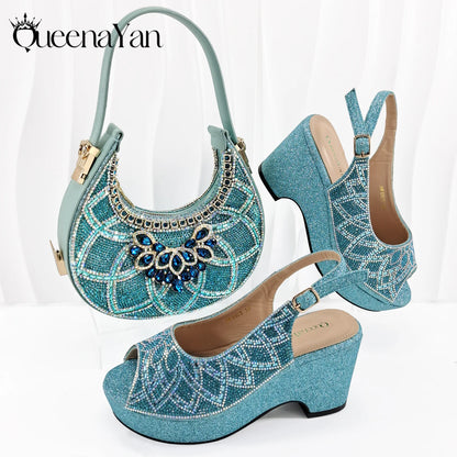 African Shoe and Bag Set for Wedding Women Shoes and Bag To Match Set with Rhinestone Italy Pumps Women Shoes Luxury