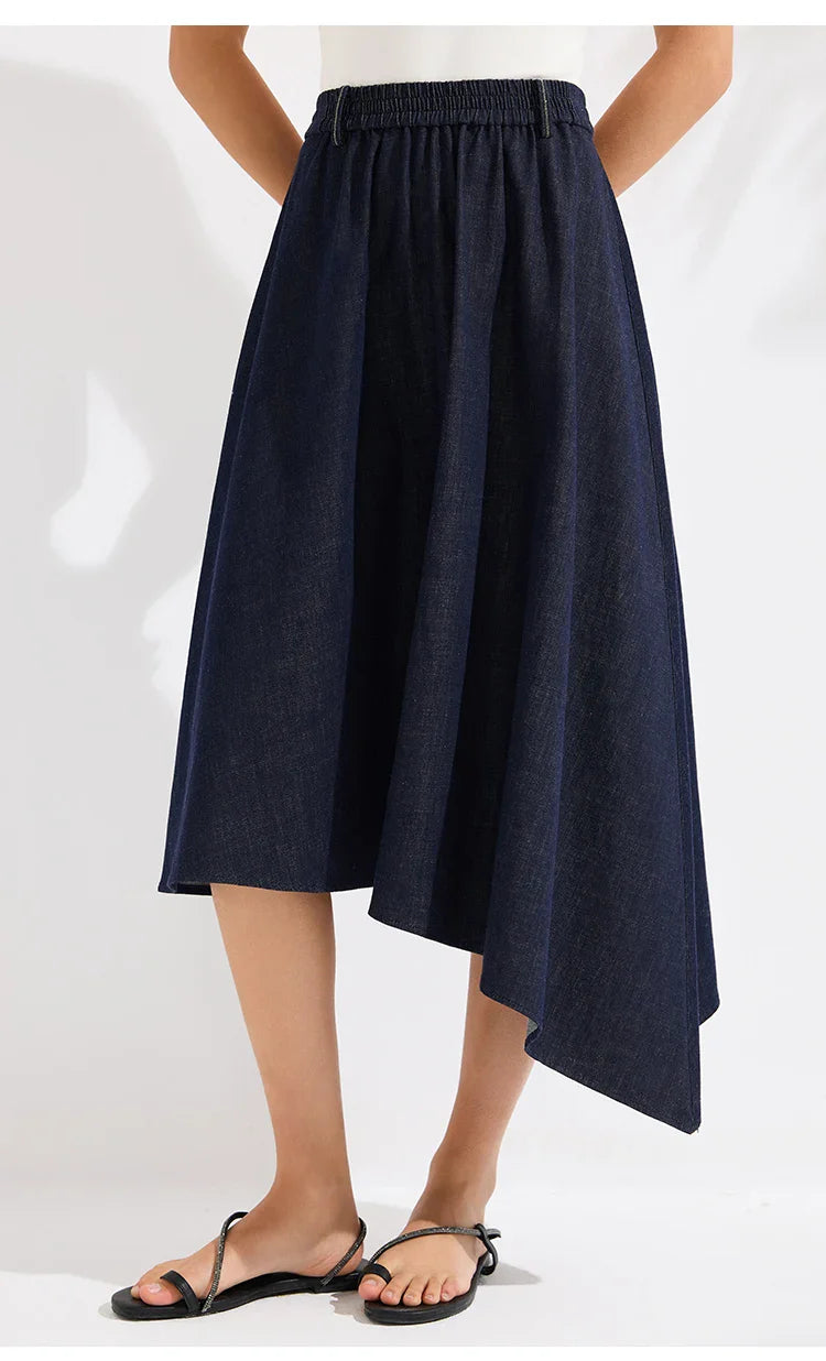 Luxury Women's Denim Skirt Cotton Spandex Linen Irregular Hem A Line Midi Skirt High End Designer Jean Skirt