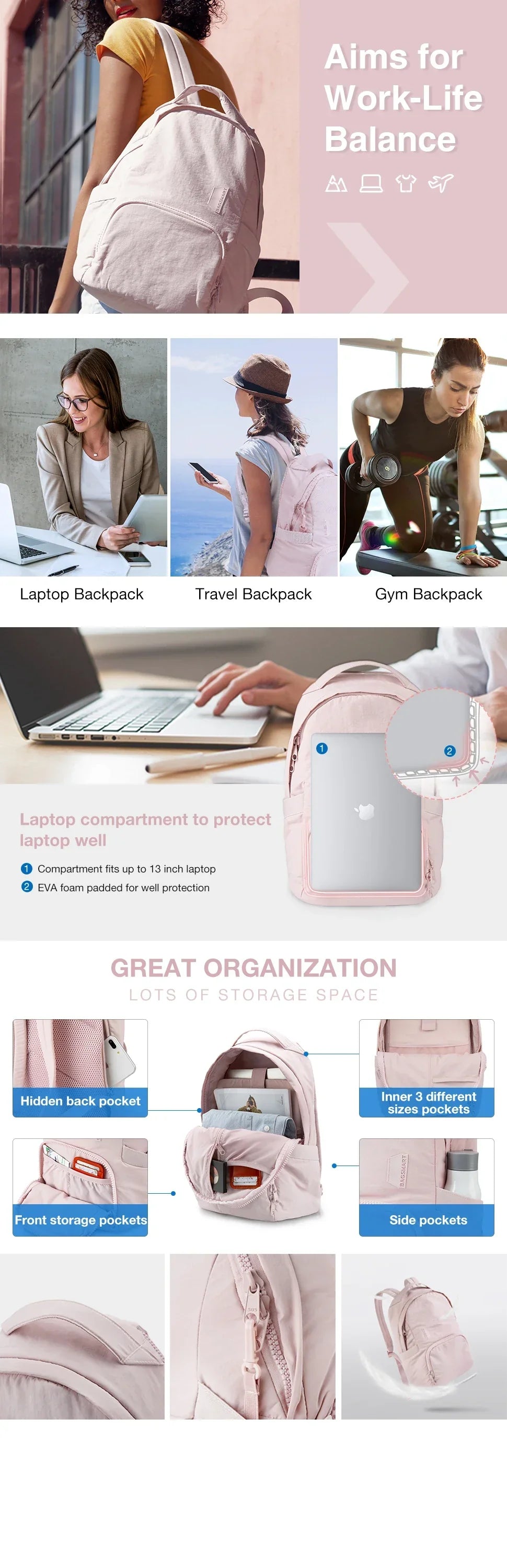 Women's Backpack 13 Inch Laptop Bag Cute Kawaii School Bag Anti Theft Waterproof Nylon Travel Backpacks Women Book Bag